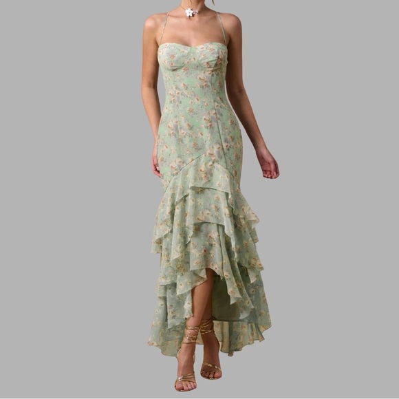 Sage Floral Ruffle High-Low Maxi Dress Green - Picture 5 of 9
